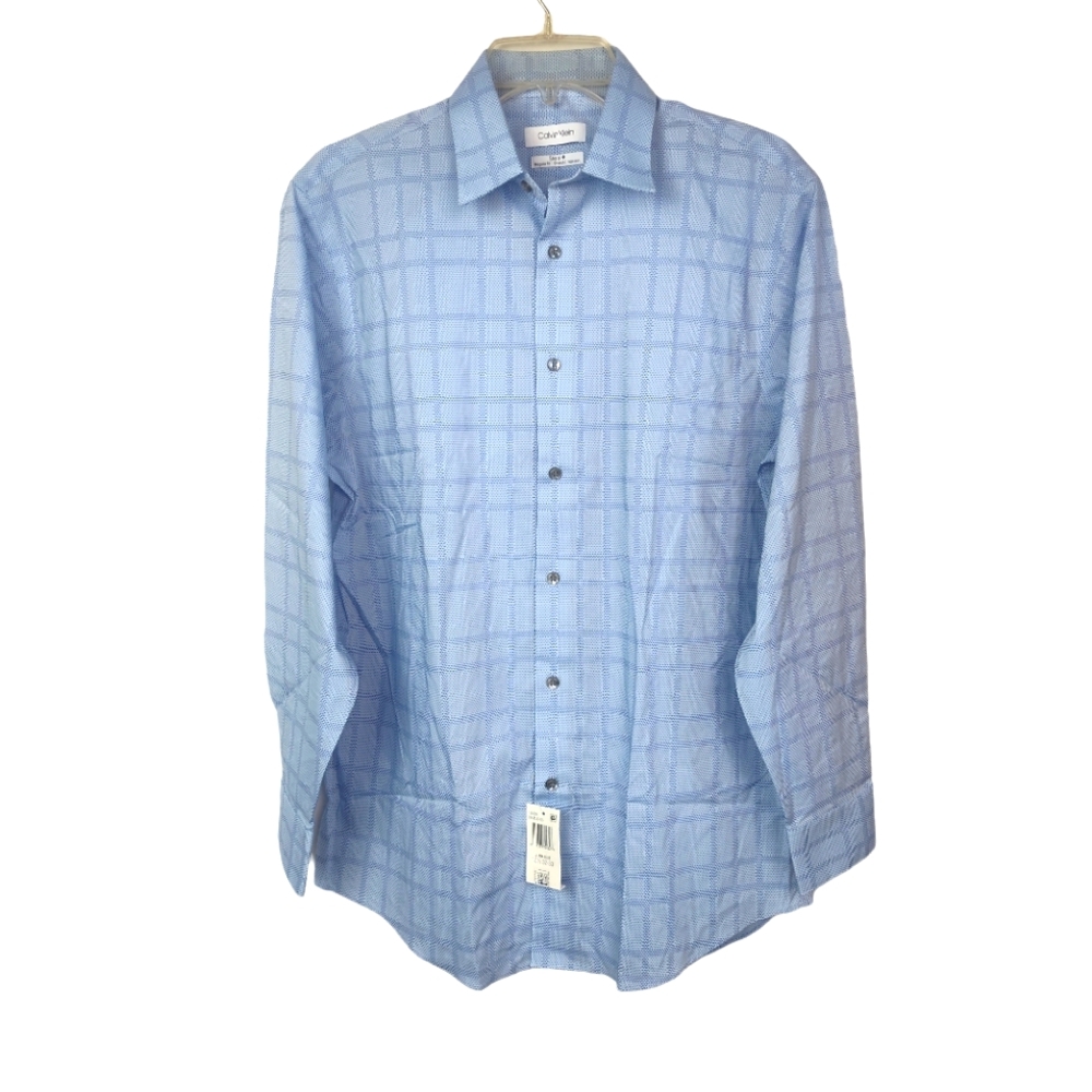 NWT Calvin Klein Steel Stretch Non Iron Blue Plain Men's Dress Shirt SZ Med